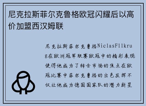 尼克拉斯菲尔克鲁格欧冠闪耀后以高价加盟西汉姆联
